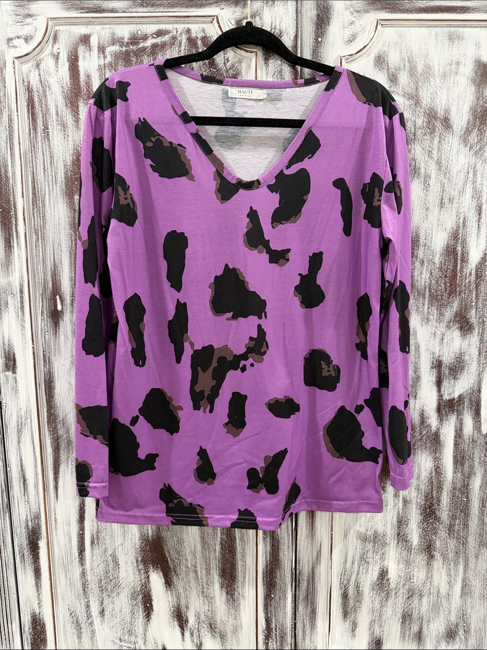 HAUTE Purple V-Neck Long Sleeve Animal Spot Top